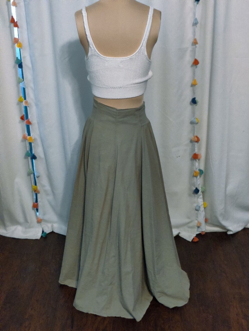 Luna Luz Vintage Cotton Maxi Skirt full button front Low Slung khaki/green SM - Picture 5 of 9